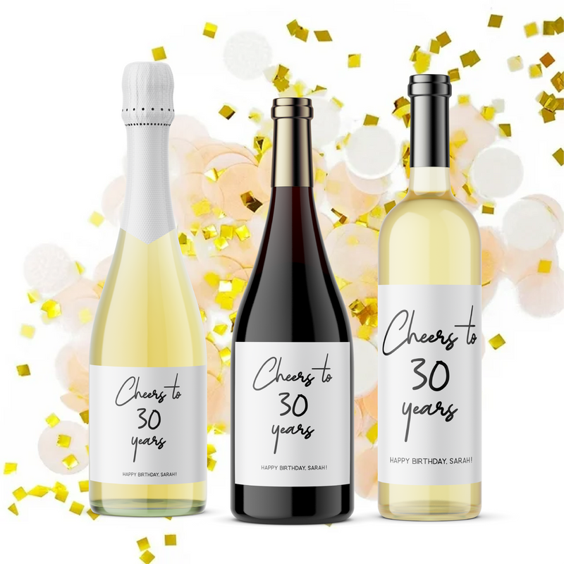 Cheers to 30 Years Custom Birthday Wine Champagne Labels - Birthday Gift Birthday Party